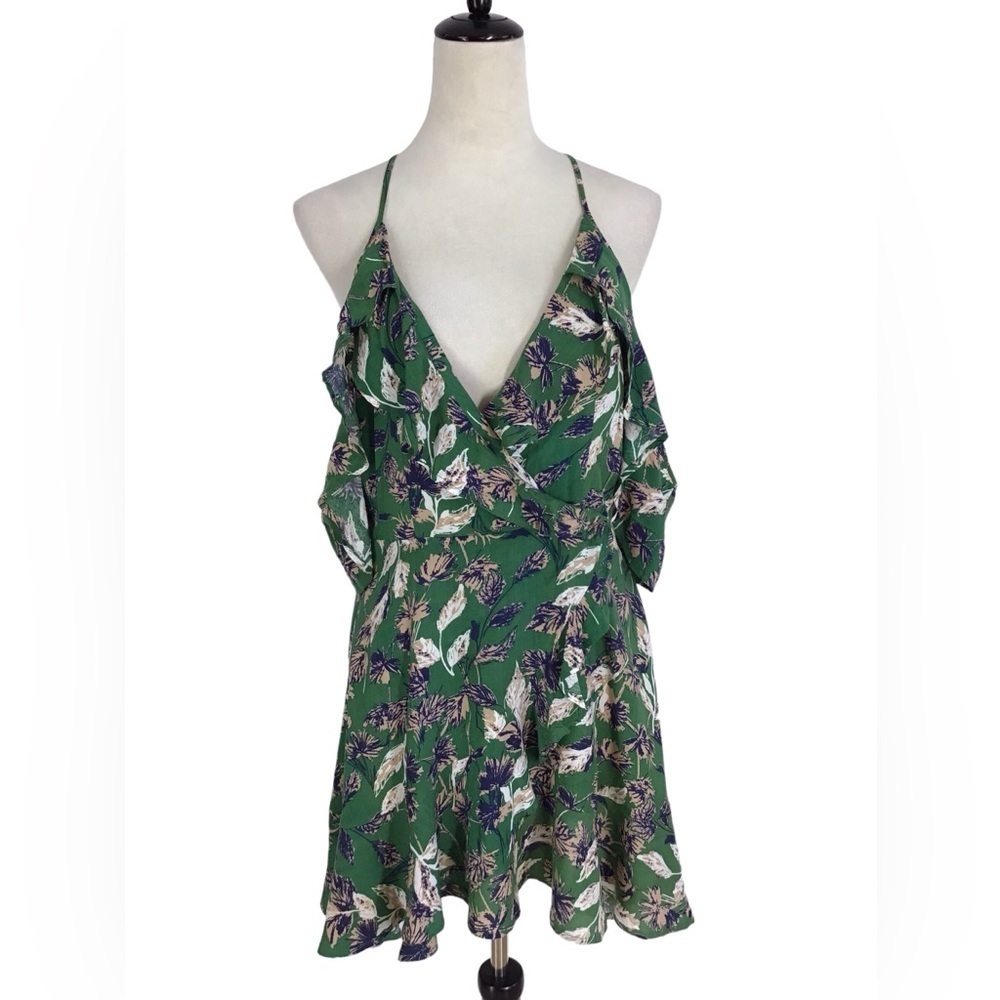 Dress Forum Green Floral Racerback Ruffle Off Shoulder Mini Dress Size Medium